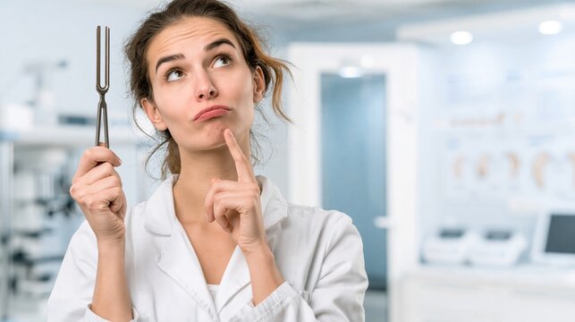 Audiologist holding a medical tuning fork in an audiology clinic while thinking. Concept of quiz, consultation and trivia about audiology.
