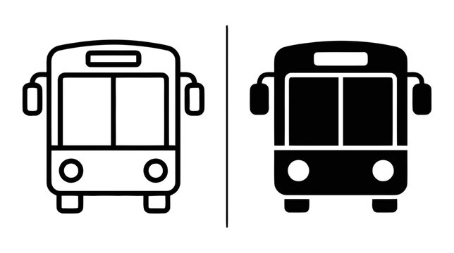 Vector illustration of bus front view icon set, outline and solid style vector illustration on a transparent background