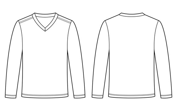 Long-sleeve V-neck T-shirt design template mockup front and back views.