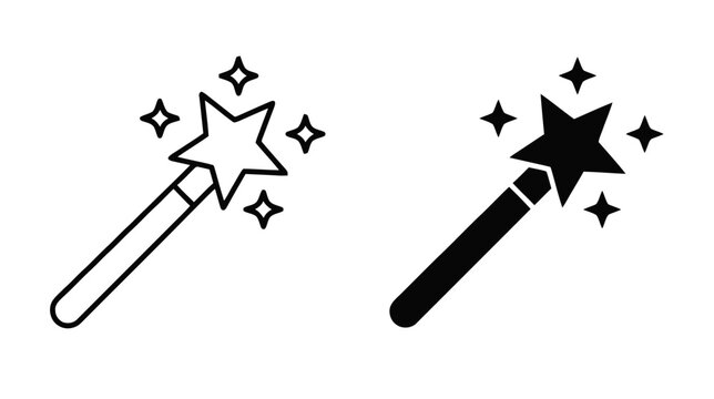 Vector illustration of magic wand icon set, vector illustration of wizard stick with stars on a transparent background