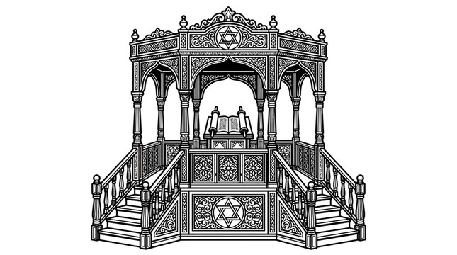 Ornate Synagogue Bimah with Torah Scroll, Star of David Ornaments, Black and White