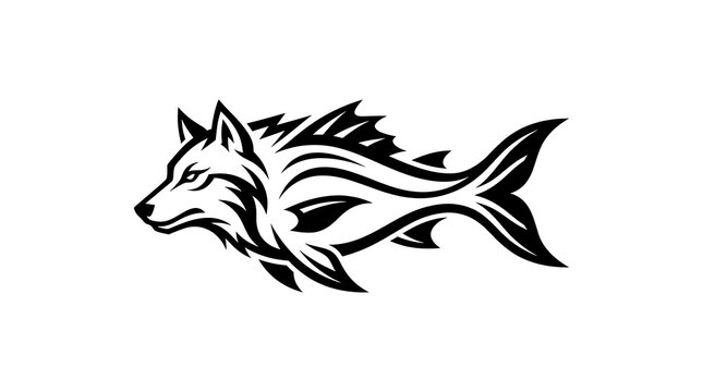 Stylized black wolf fish head in profile with sharp fins on white background