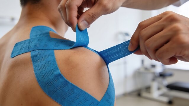 Physical Therapist Applying Kinesiology Tape to Patient Shoulder