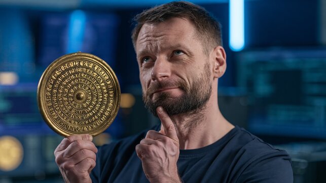 Cryptographer holding a cipher wheel in a cryptography office while thinking. Concept of quiz, consultation and trivia about cryptography.
