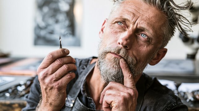 Engraver holding a steel burin in an engraving atelier while thinking. Concept of quiz, consultation and trivia about engraving.