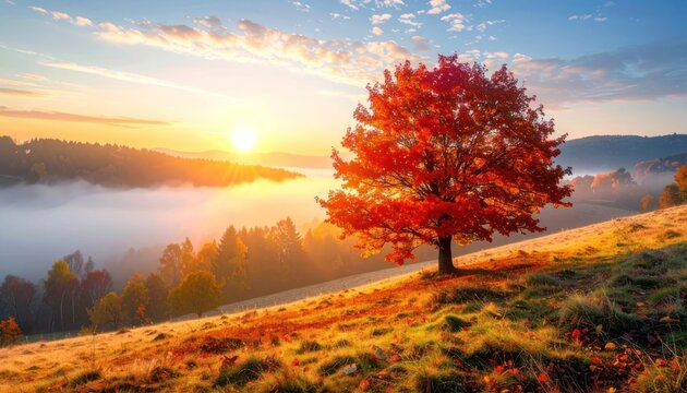 A vibrant red maple tree stands on a grassy hillside bathed in the warm glow of sunrise, with a misty valley below and colorful autumn foliage surrounding it.