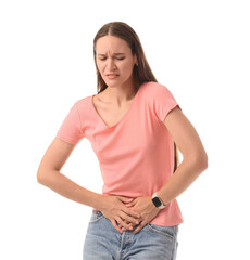 Obraz premium Young woman with stomach pain holding abdomen
