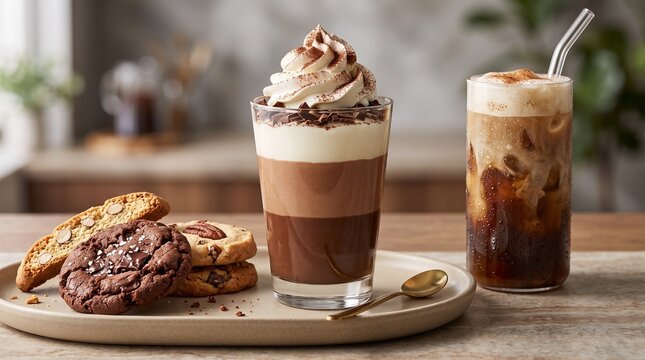 Layered chocolate mousse drink with cookies on wooden plate.