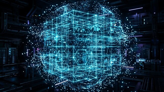 Glowing blue digital cube with lines and codes on a futuristic background on white background