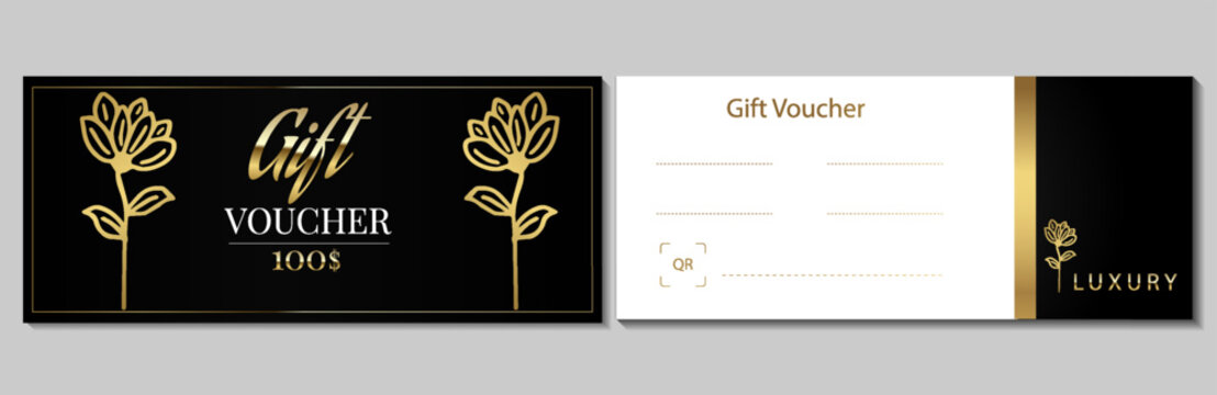 Luxury gift voucher template set. Two horizontal black and white coupons with gold foil flowers, elegant lettering, and QR code. Vector layouts for premium retail, spa salon, or boutique.
