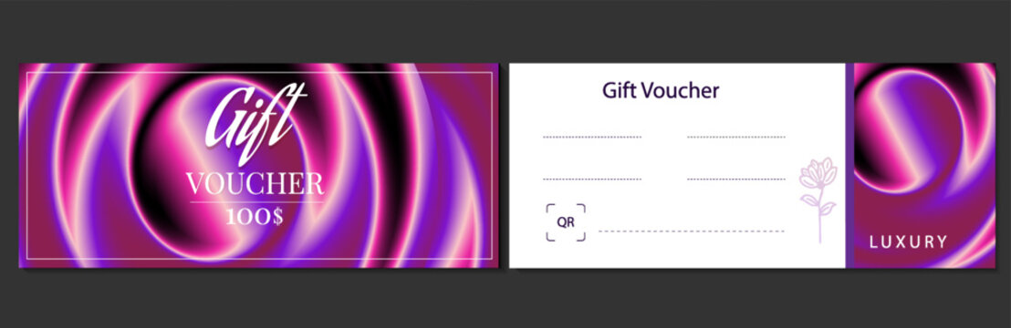 Gift voucher template set. Two horizontal elegant discount coupons with abstract purple and pink neon wave patterns and QR code. Modern vector layout for beauty salon, spa, or retail boutique.