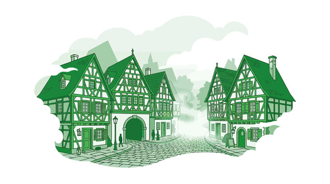 Charming historic village street with half-timbered houses and cobblestone road