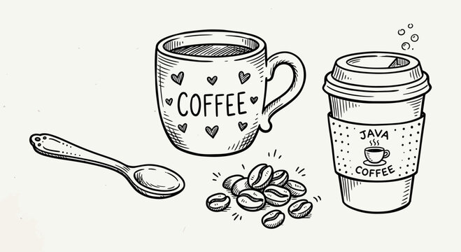 Coffee time: mug, takeaway cup, spoon and beans illustration