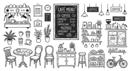 Obraz premium Doodle Cafe Scene: Espresso Machine, Menu, Furniture, Bicycle