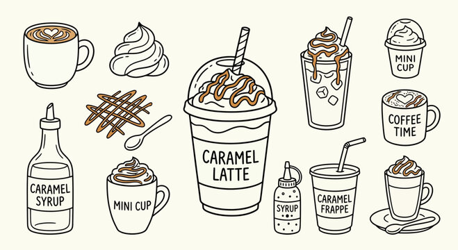 Doodle Coffee Drinks Set: Latte, Frappe, Syrups, Whipped Cream