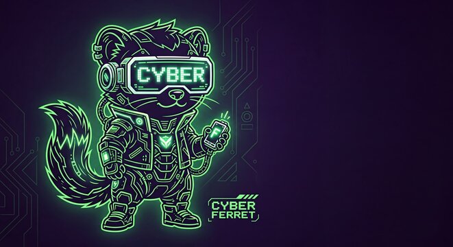 Cyber ferret wearing virtual reality headset and futuristic jacket. Digital animal character in neon style with gadget. Concept of future technology, metaverse and gaming industry.