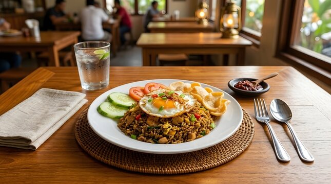 Indonesian fried rice (nasi goreng) with sunny side up egg served in a cozy restaurant