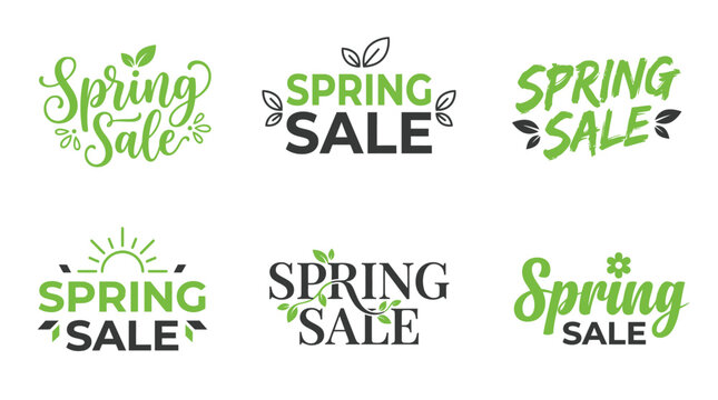Collection of green spring sale typography logos featuring elegant leaves and modern minimalist graphic elements