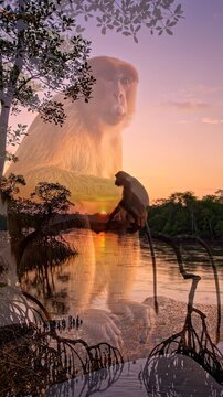 A serene monkey sitting by water with a giant face in the background at sunset.
