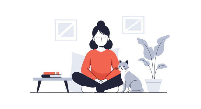 A woman sits cross-legged in a meditative pose on the floor of a minimalist room, accompanied by her peaceful cat and a potted plant.