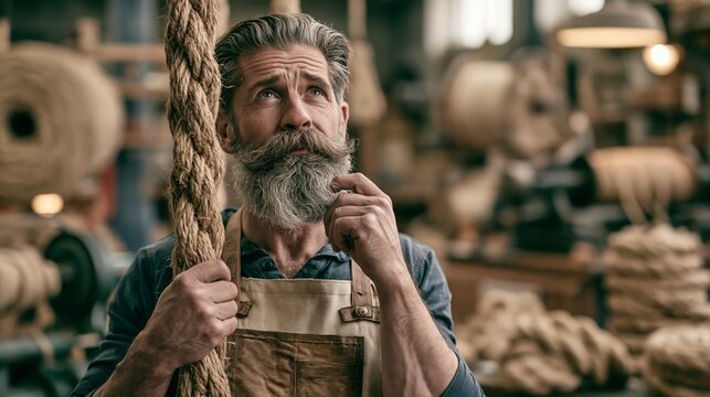 Rope maker holding a hemp strand in a rope making workshop while thinking. Concept of quiz, consultation and trivia about rope making.