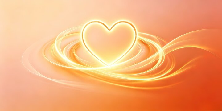 Abstract Glowing Neon Heart Golden Light Trails Swirling Concentric Waves Orange Gradient Radiant Romantic Magical 3D Art