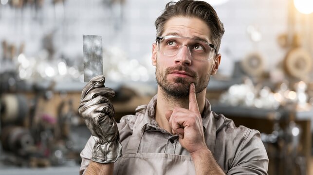 Silversmith holding a silver sheet in a silversmithing studio while thinking. Concept of quiz, consultation and trivia about silversmithing.