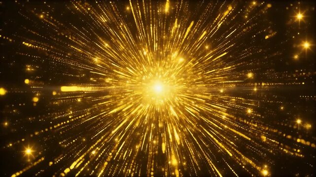 Dynamic golden light rays bursting out from center on black background 黒背景の中央からダイナミックに放射される金色の光線動画 フルhd