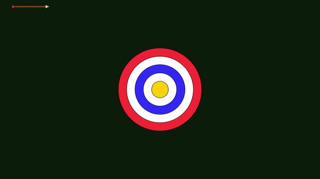 Arrow hitting bullseye target center, precision success concept animation 4k
