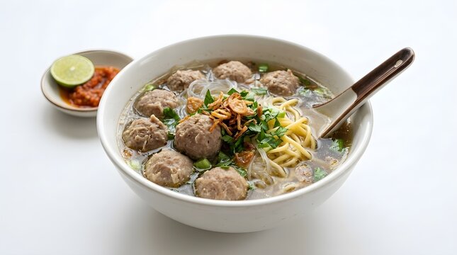 Indonesian bakso meatball soup with noodles in white bowl isolated on white background