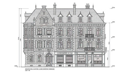 Obraz premium Architectural Drawing of Classic European Building Facade with Dimensions