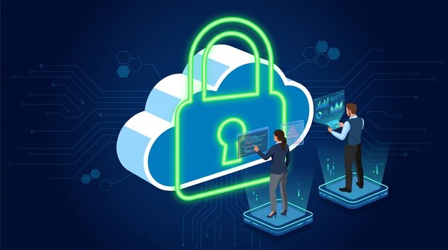Professionals securely access cloud based data solutions through encrypted digital padlock technology with depicts two professionals interacting illuminated digital platforms