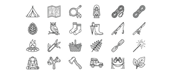 Set of camping and hiking equipment icons featuring tent map lantern boots fishing rod backpack and outdoor adventure gear elements for travel and nature exploration © Best Pixels 