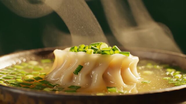 Macro shot of a steaming hot dumpling in clear savory broth garnished with chopped green chives and scallions, rising steam from a warm bowl of traditional Asian soup.