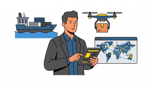 Professional manager oversees global logistics operations using digital tablet with focused professional business, attire analyzing logistics