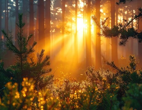 Golden sunbeams stream through a misty forest, illuminating dew drops on pine needles and undergrowth.