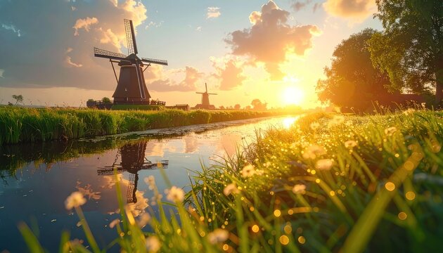 Traditional Dutch windmills stand against a vibrant sunset over a tranquil canal, surrounded by lush green fields.