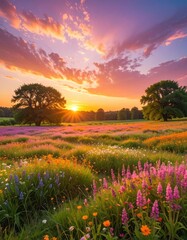A vibrant meadow bathed in the warm glow of a sunset, with rolling hills and scattered trees under a colorful sky. © Qulut