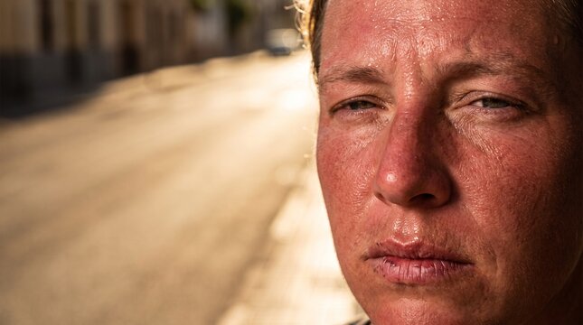 Close-up portrait of person suffering from extreme summer heat exhaustion mockup