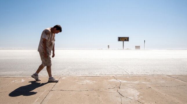 Exhausted person walking on sun-drenched sidewalk heatwave mockup