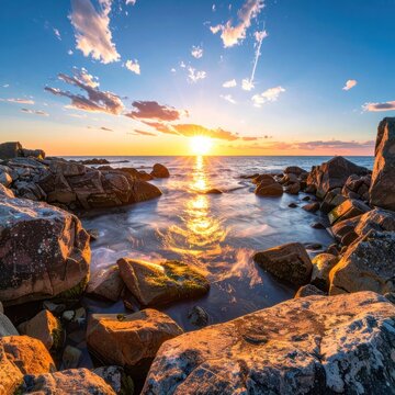 Golden sunset over a rocky coastline with calm waves and scattered clouds.