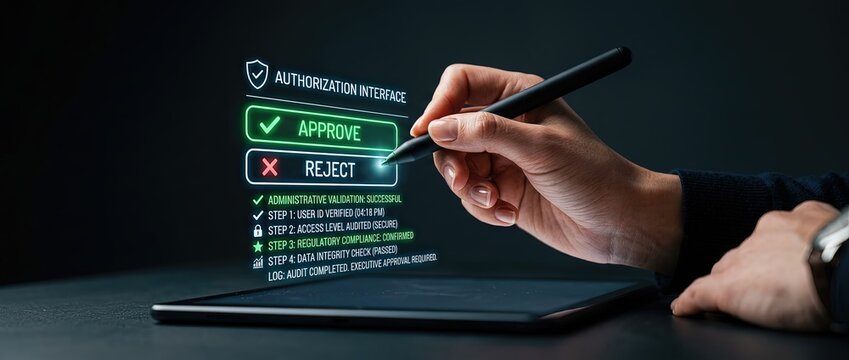 A close up of a hand using a stylus on a tablet to approve or reject digital authorization with checkboxes and bright green and red indicators for decisions.