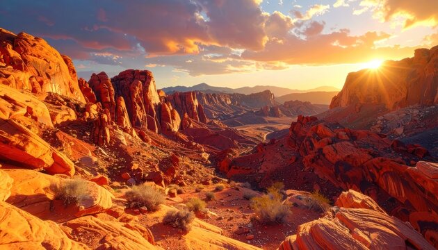 Dramatic sunset illuminates a rugged desert canyon with vibrant red rock formations and distant mountains under a colorful sky.