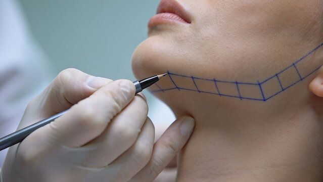 Surgeon Marking Patient Jawline for Cosmetic Procedure