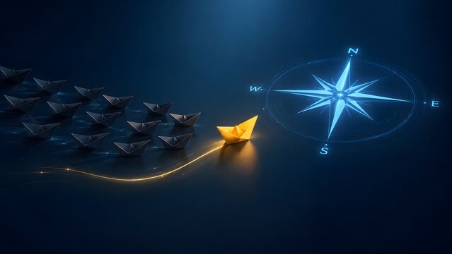 Glowing yellow paper boat leading dark fleet to glowing compass in dark blue water for visionary leadership and strategic direction