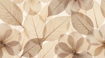 Fototapeta premium Macro composition of delicate translucent botanical leaves and soft flower petals, showcasing intricate natural veins, warm beige tones, luxurious floral wallpaper