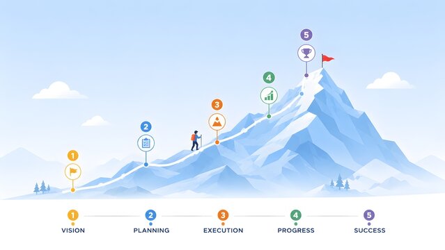 Minimal mountain roadmap infographic illustrating vision, planning, execution, progress and success with climber on achievement path for business strategy