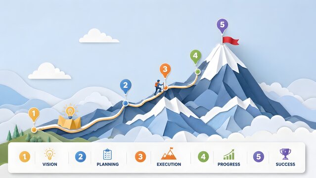 Paper cut style mountain roadmap infographic with vision, planning, execution, progress and success milestones for strategic business presentation template