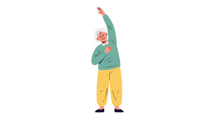 Fototapeta premium An elderly woman with white hair is depicted performing a side stretch exercise, wearing a green sweater and yellow pants on a white background.