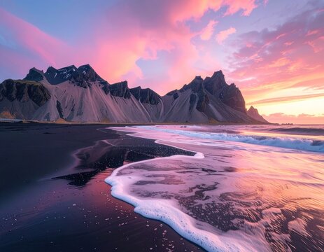 A serene coastal landscape captures the dramatic peaks of mountains against a vibrant pink and orange sunset sky, with gentle waves lapping onto a black sand beach.